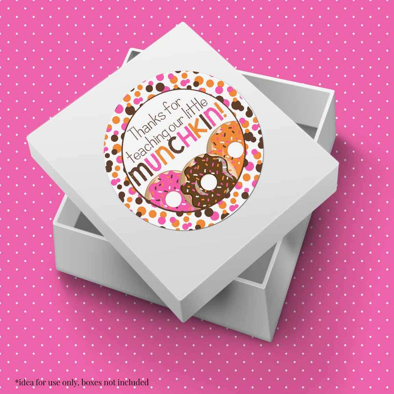 Our Little Munchkin Donut Themed Teacher Appreciation Thank You Sticker Labels, 40 2" Party Circle Stickers by AmandaCreation, Great for Envelope Seals & Gift Bags