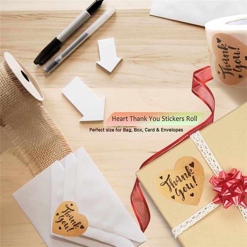 Thank You Heart Stickers Roll, 1.5 inch Thank You Stickers Brown Kraft Paper, 500p/Roll, Small Business, Party Decorative Sealing Labels Stickers(Heart Thank You Stickers 500Pcs/Roll) Heart Thank You Stickers 500pcs/Roll