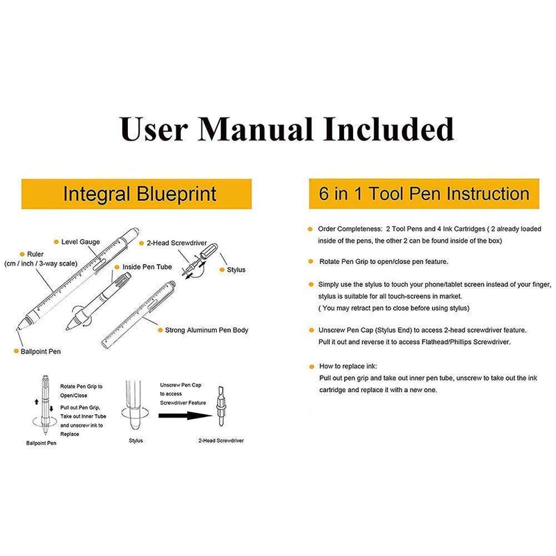 DunBong Metal Multi tool Pen 6-in-1 Stylus Pen - With Screwdriver, Phillips Screwdriver, Flathead Bit Slotted Screwdriver, Ballpoint Pen Black ink, Stylus pen, Bubble Level and Ruler (Silver) 银色