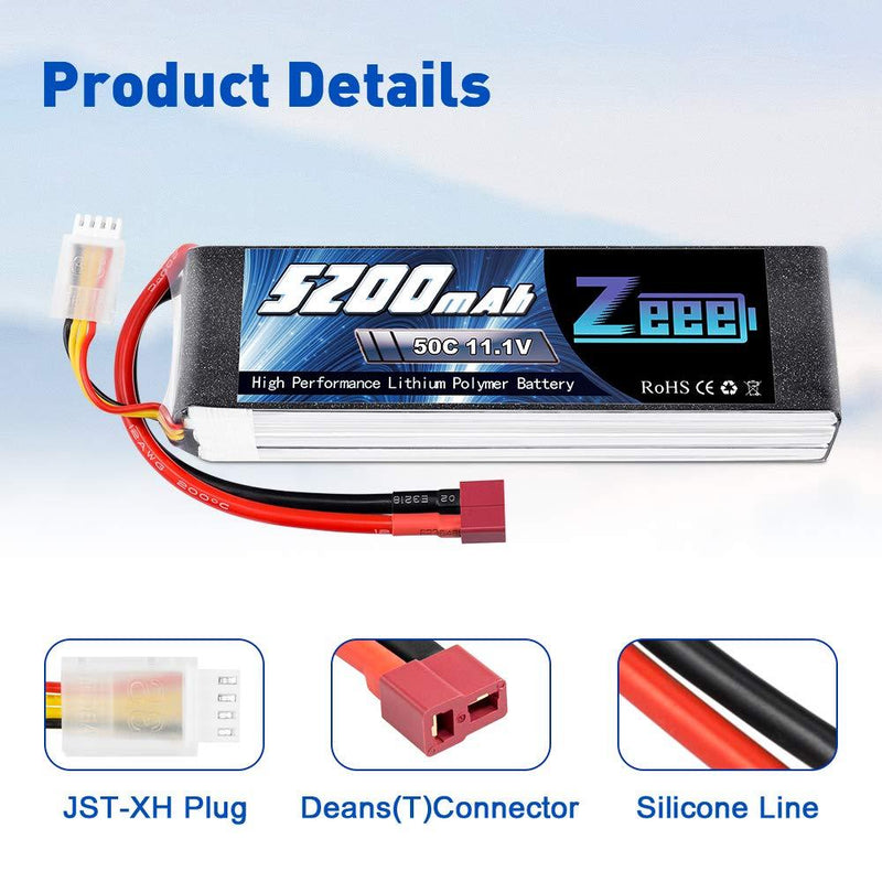 Zeee 5200mAh 50C 11.1V 3S RC Lipo Battery with Deans and XT60 Connector Soft Case Battery for RC Plane DJI Quadcopter RC Airplane RC Helicopter RC Car Truck Boat