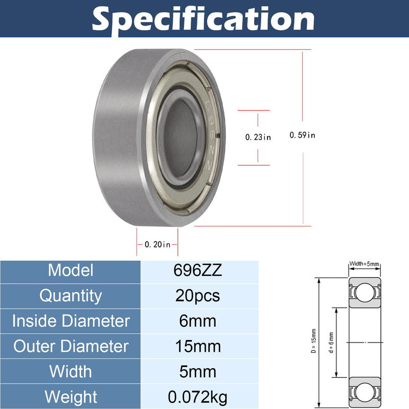 696ZZ 6mm x 15mm x 5mm High Speed Double Shield Deep Groove Miniature Ball Bearing (20pcs)