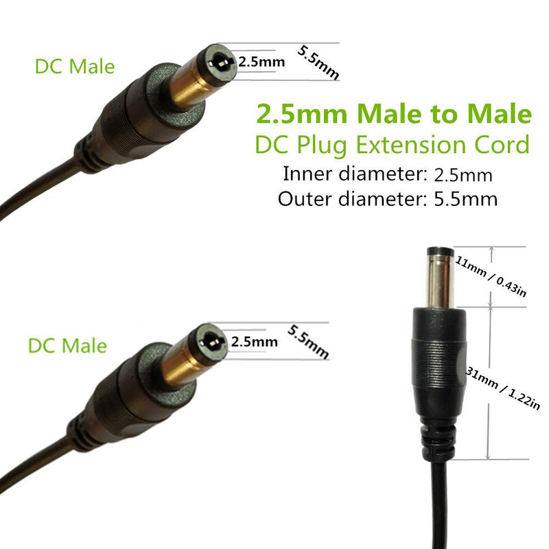 DZYDZR 2pcs 1 Meter 2.5mm x 5.5mm DC Extension Cable Black 22 AWG Copper Wire Male to Male Plug Max 24V 3A (3.3ft)