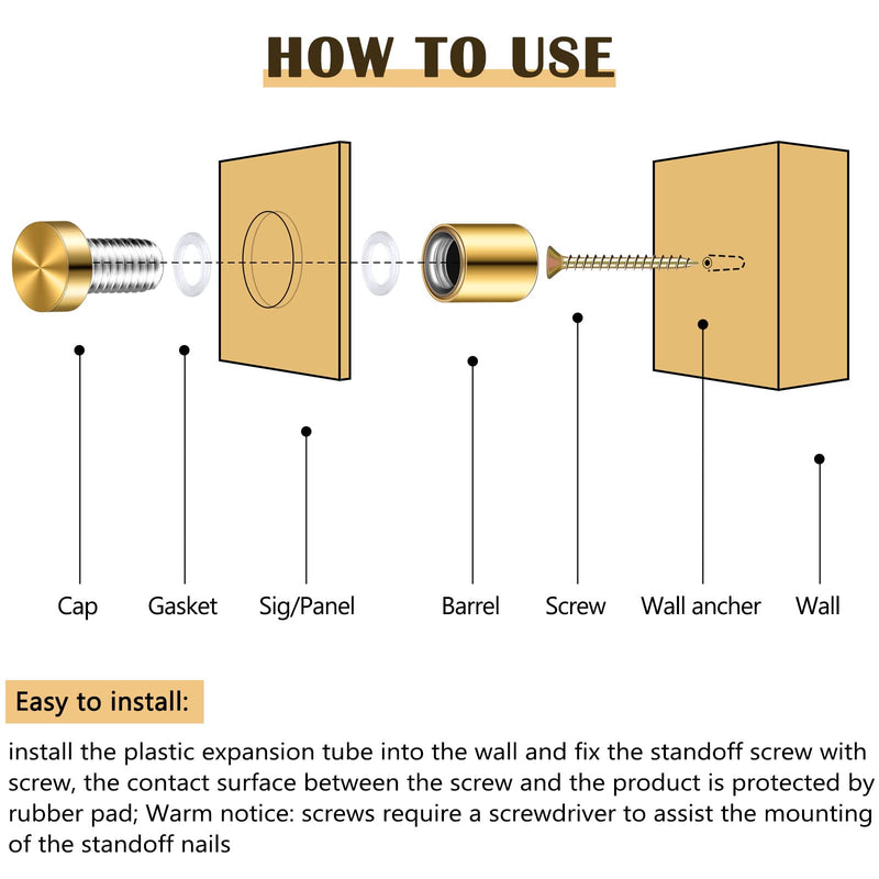 Stainless Steel Standoff Bolt Screw Advertising Standoff Mount Metal Standoff Acrylic Sign Standoff Quartet Whiteboard Mounting Hardware Gold Motherboard Standoff and Screw 0.47 x 0.79 Inch (48 Sets) 48
