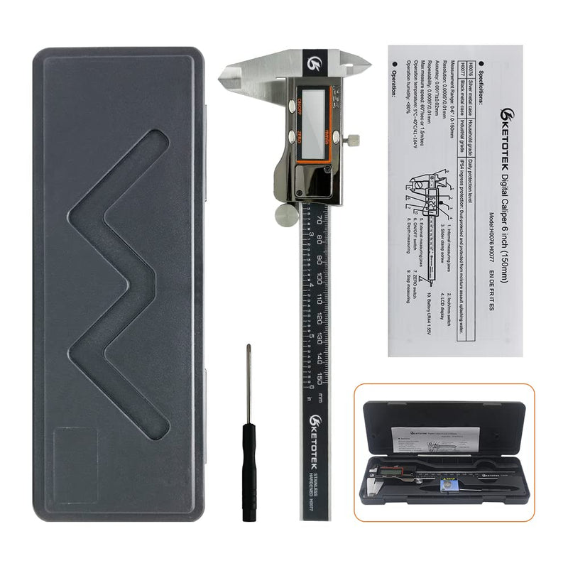 KETOTEK Digital Caliper Measuring Tool, IP54 Waterproof Stainless Steel Electronic Vernier Caliper 6 Inch/150mm Digital Micrometer with Large LCD Screen IP54 Stainless steel