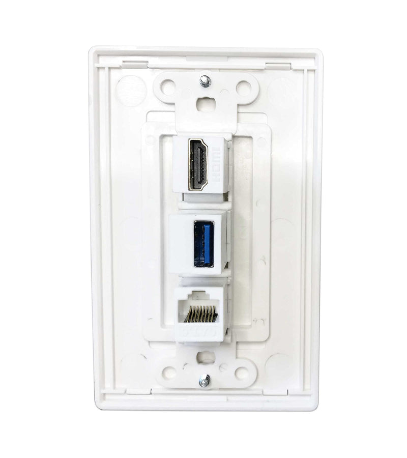 diyTech Premium 1 HDMI, 1 USB, 1 Ethernet Cat 6 RJ45, Pass Through, with Mounting Bracket, for Ethernet HDMI USB Setups, Screwless Wall Plate Outlet - White