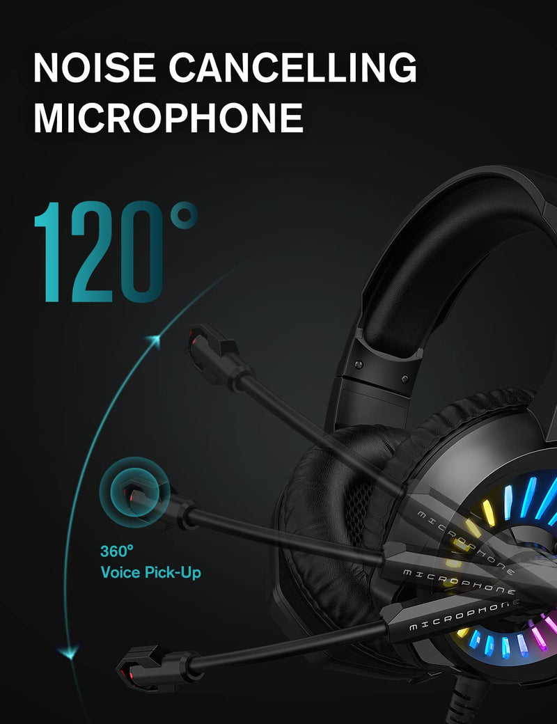 ZIUMIER Gaming Headset with Microphone, Compatible with PS4 PS5 Xbox One PC Laptop, Over-Ear Headphones with LED RGB Light, Noise Canceling Mic, 7.1 Stereo Surround Sound Black