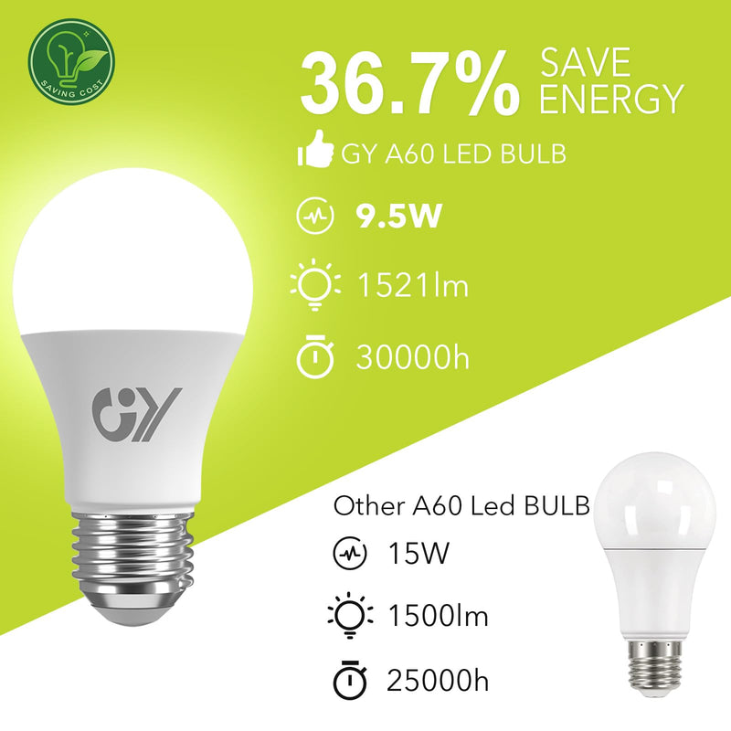 GY E27 LED warm white lamp 9.5W 3000K 1521 lumens warm white bulb, A60 energy saving lamp replaces 100W halogen lamp, non-dimmable LED bulbs, 2 pieces [energy efficiency class C] A60-9.5w3000k 2 pieces