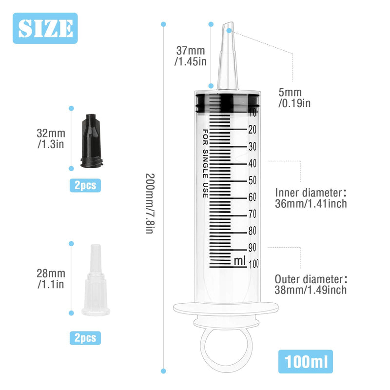 Pack of 2 syringes 100 ml plastic syringe with hose dosing syringe with adapter syringe for motor oil, garden, liquid, animal feeding (2 pieces 100 ml)