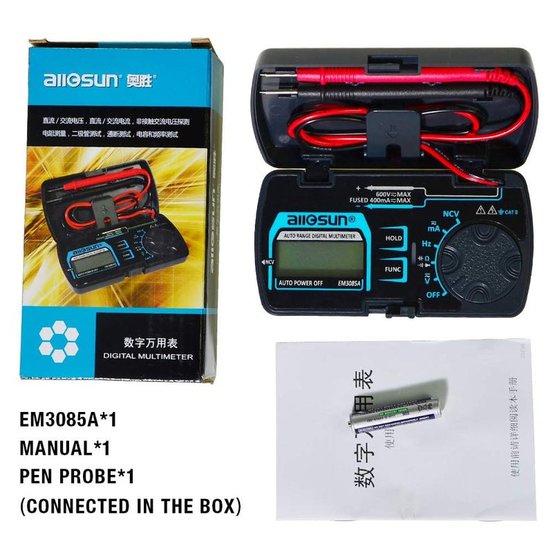 allsun em3085a 3 3/4 Digits Auto Ranging Pocket Digital Multimeter Mini Electrical Mete AC/DC Ohm Volt Amp Capacitance Frequency Diode Continuity LCD Home Measuring Tool Autoranging