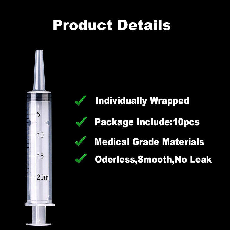 Gufastoe Pack of 10 20ml Sterile Syringes Without Needles with Cap for Small Pet Feeding Industrial Precision Application 10 Pieces Syringe 20ml