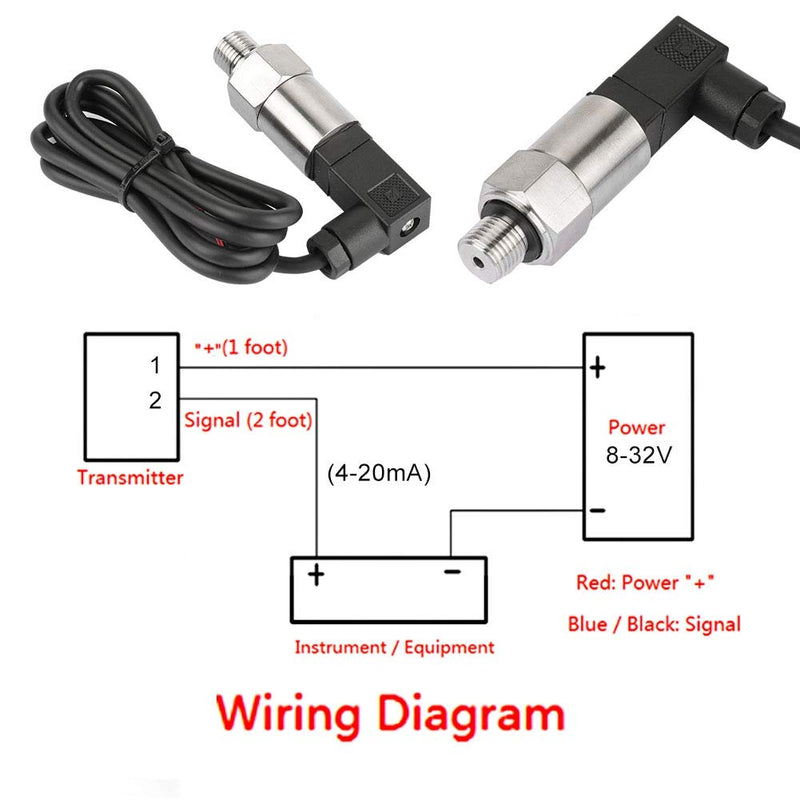 Pressure Transducer, Water Pressure Transducer 4-20mA Output G1/4" Silicon Pressure Transmitter Transducer for Water Gas Oil(0-0.2MPA) 0--0.2MPA