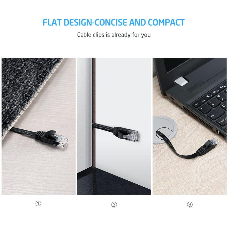 Cat6 Ethernet Cable 25 ft Black Gigabit Flat Network LAN Cable with 10 pcs Cable Clips Snagless Rj45 Connectors for Computer/Modem/Router/X-Box Faster Than Cat5e/Cat5 - XINCA E.25ft-black