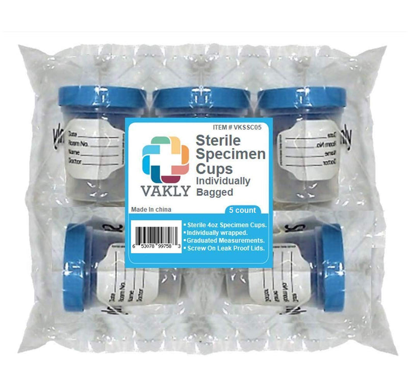 5 Pack of 4oz Sterile Specimen Cups with Leak Proof Screw On Lids - Individually Bagged – for Safe Sample Collection 5