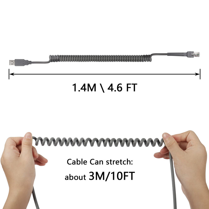 Symbol Ls2208 USB Cable,SinLoon USB A to RJ45 Coiled Spiral Extension Cable, Symbol Barcode Scanner Ls2208ap Ls1203 Ls4208 Ls4278 Ds6707 Ds6708 USB Cable,(10ft,3M)