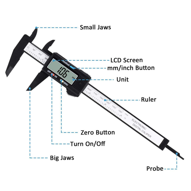 Digital Caliper, Adoric 0-6" Calipers Measuring Tool - Electronic Micrometer Caliper with Large LCD Screen, Auto-off Feature, Inch and Millimeter Conversion 6" Black