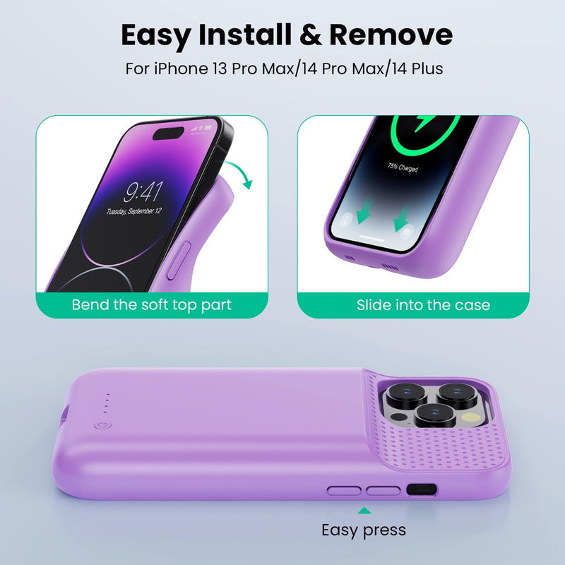 Battery Case for iPhone 14Plus/14Pro Max/13Pro Max, Powerful 8600mAh Portable Protective Charging Case,Rechargeable Extended Battery Charger Case for iPhone 13Pro Max/14Plus/14Pro Max(6.7 Inch),Purple Purple