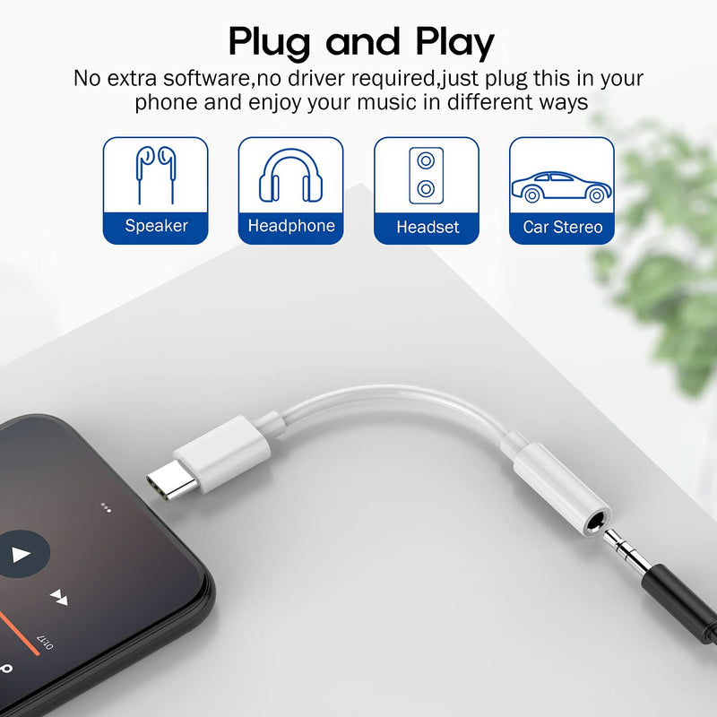 USB C Digital to 3.5 mm Female Headphone Jack Adapter, Type C Aux Audio Dongle Converter for iPad Pro 11" 12.9" 2018/2020/Google Pixel/5 4 3 2/ XL/Samsung S21 S20 Ultra Z Flip S20+ Note 20 S10 S9 Plus USB-C Adapter - White
