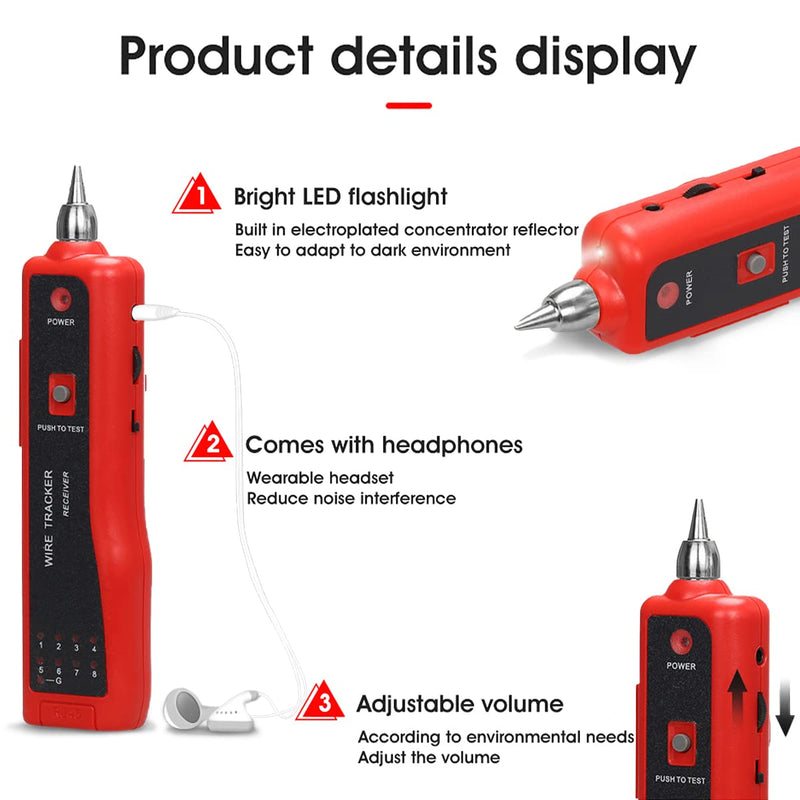 Network Cable Tester, LAN Telephone Cable Tracker Diagnostic Tone Tracer for STP UTP Cat5 Cat6 RJ45 RJ11, Detector Line Finder