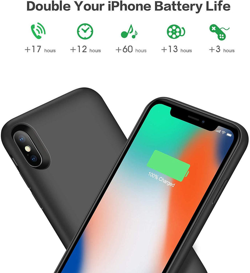 Battery Case for iPhone XS/X/10, Rechargeable 6500mAh Portable Charging Case Extended Battery Pack Cover Power Bank Charger Case for iPhone Xs/X[5.8 inch]-Black Black