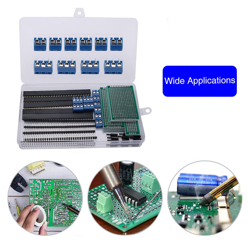 VooGenzek 46 pieces PCB board kits, 12 pieces double-sided circuit board prototype cards + 12 pieces male/female header connector + 10 pieces 2/3-pin screw terminal + 12 pieces nylon column 12+12+10+12