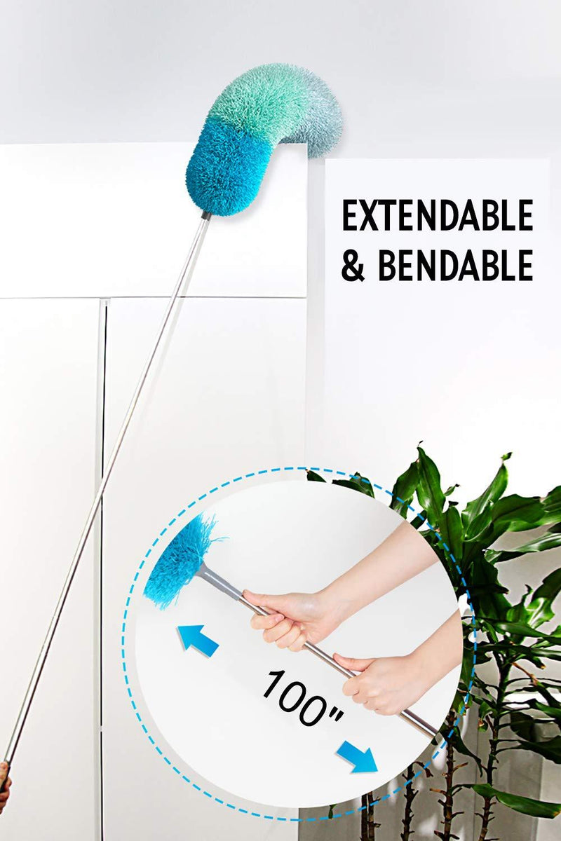 BOOMJOY Microfiber Feather Duster with Extendable Pole, 100" Telescoping Cobweb Duster for Cleaning, Bendable Head, Scratch-Resistant Cover, Washable Duster for Ceiling, Fan, Furniture, Green