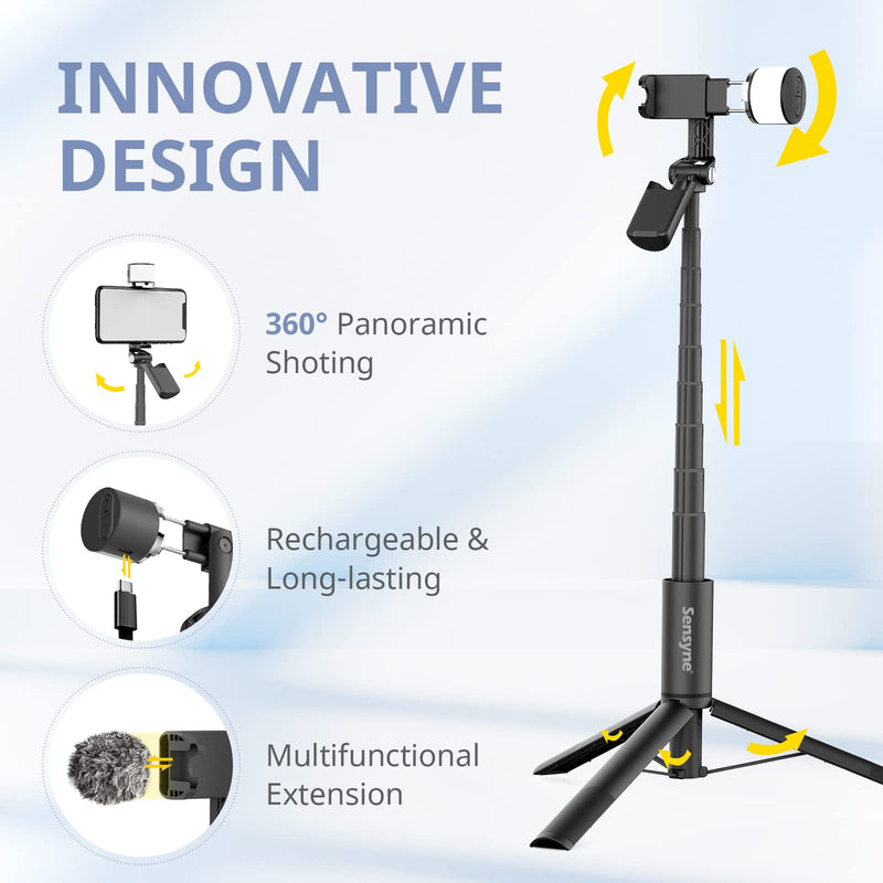 Sensyne Selfie Stick with Light, Phone Tripod with 360° Rotatable Handle Compatible with Cellphones for Selfies/Photography/Video Calls/Live Stream/Content Creating (Black) Black