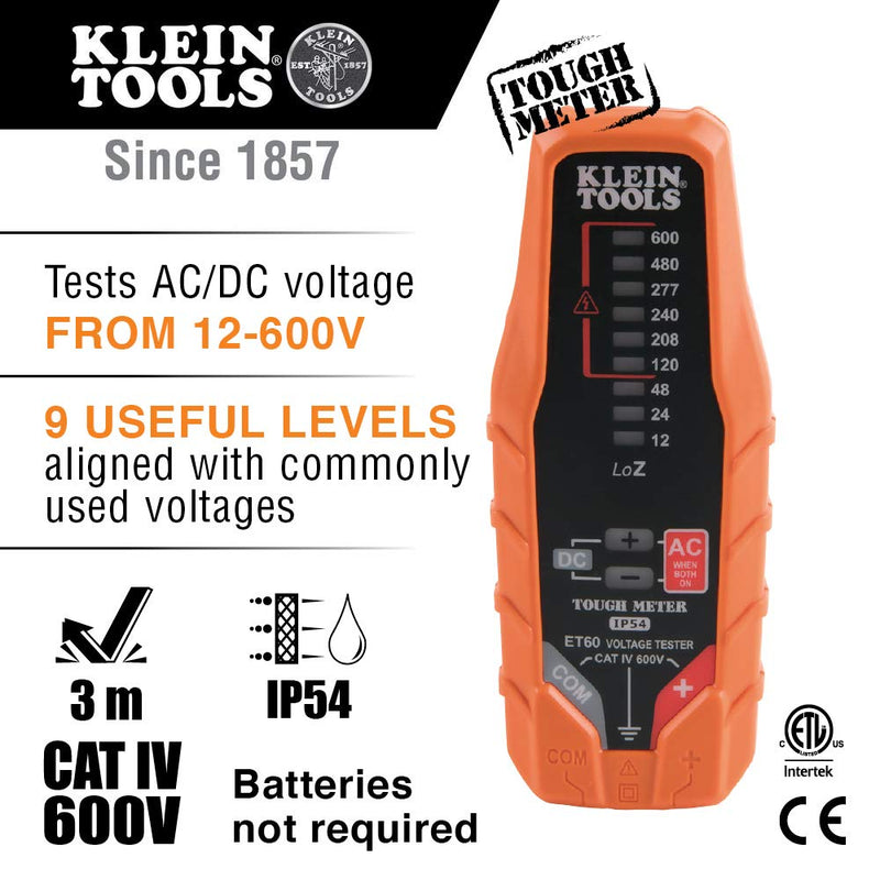 Klein Tools ET60 Voltage Meter, AC Voltage and DC Voltage Tester, Low Voltage Digital Multimeter Does Not Need Batteries AC/DC Voltage