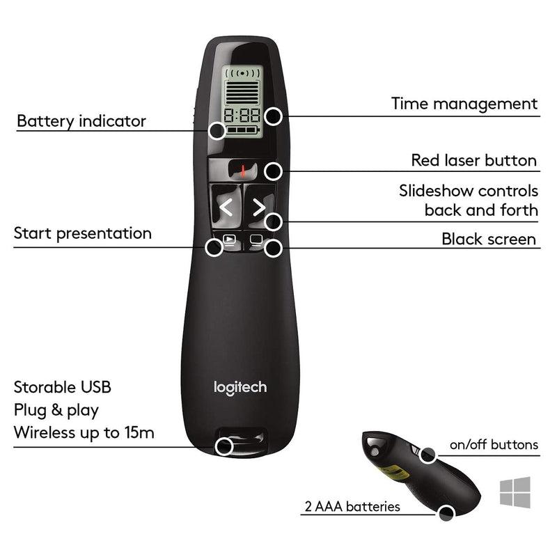 Logitech Professional Presenter R800, Wireless Presentation Clicker Remote with Green Laser Pointer and LCD Display, Black 5 buttons