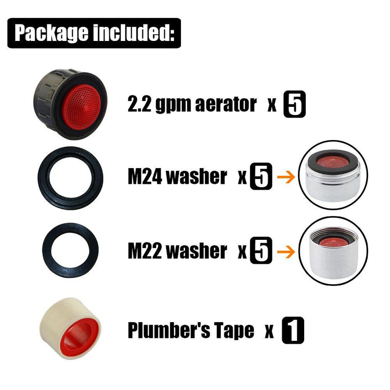 JQK Faucet Areator, 2.2 GPM Flow Retrictor Insert Faucet Aerators Replacement Parts Bathroom 5 Pack, Standard Size, FA2-P5