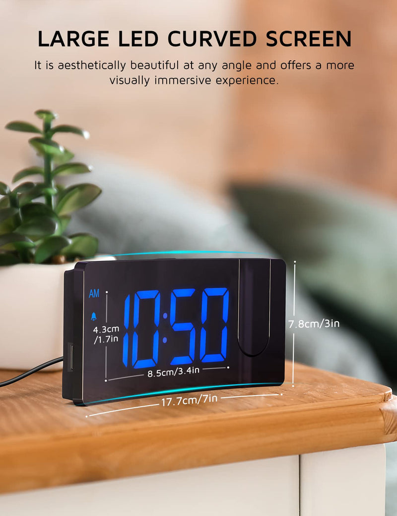Projection Alarm Clock, Digital Clock with 180° Rotatable Projector, 3-Level Brightness Dimmer, Clear LED Display, USB Charger, Progressive Volume, 9mins Snooze,12/24H, Digital Alarm Clock for Bedroom Blue Digit+blue Projection