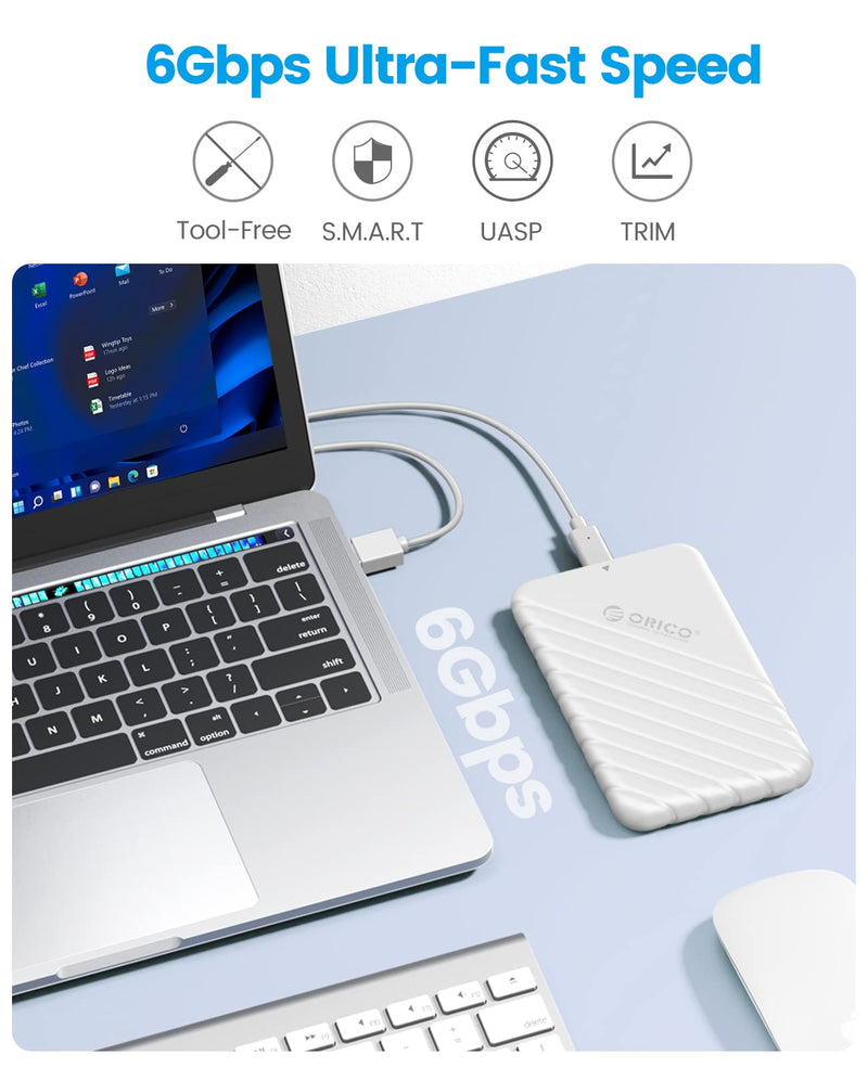 ORICO 2.5 inch USB C Hard Drive Enclosure USB 3.1 Gen 1 to SATA III External Hard Drive Case for SSD HDD 9.5 7mm Tool-Free with UASP, White (25PW1-C3) 25PW1-C3-WH