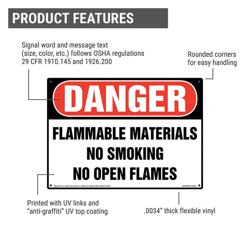 Danger: Flammable Materials, No Smoking/Open Flames Sign - J. J. Keller & Associates - 14" x 10" Permanent Self Adhesive Vinyl with Rounded Corners - Complies with OSHA 29 CFR 1910.145 and 1926.200