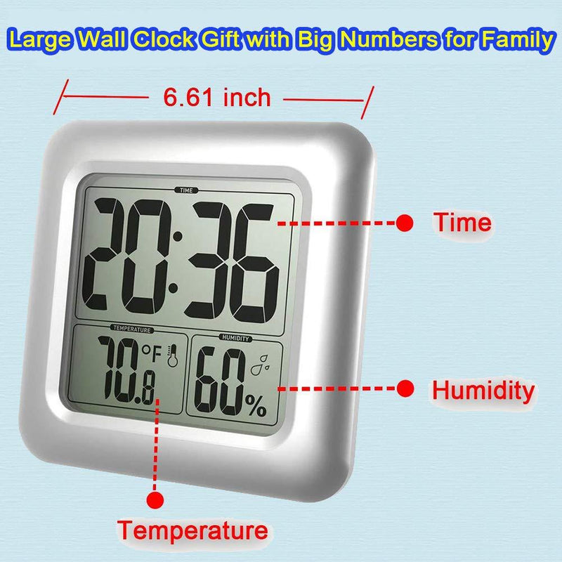 Large Waterproof Bathroom Wall Clock, Big Water Resistant Hanging Shower Clock for Bath Countertop, Moisture Proof Temperature Humidity Meter, [Suction Cup] [Shatterproof Glass]