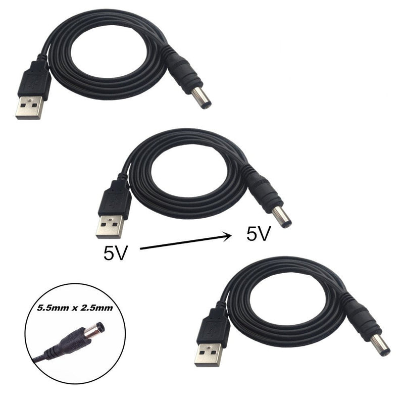 DZYDZR 3pcs Extension Cable USB to DC Cable - 5V USB 2.0 Port Male to DC 5V Male 5.5mm x 2.5mm Power Cord Black 100cm(3.3ft)