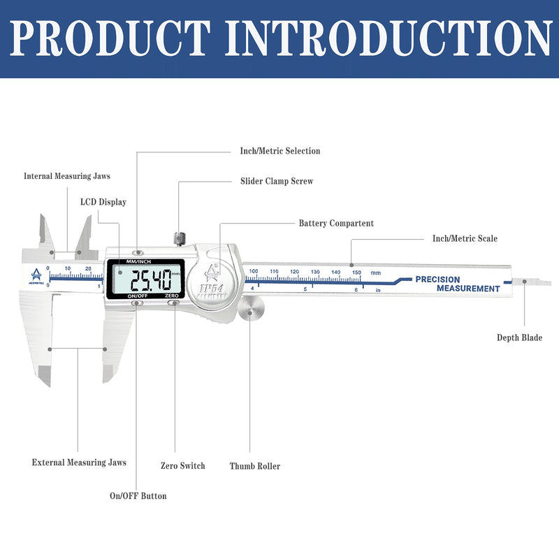 ACEMETER Digital Caliper, 6 Inch Caliper Measuring Tool,IP54 Waterproof Protection Design,Large LCD Screen,Electronic Digital Micrometer with Inch Metric Fraction 6 inch IP54-Waterproof