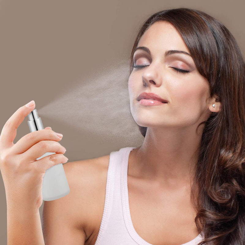 Empty Frosted Glass Spray Bottle 3.4oz, Perfume Atomizer, Fine Mist Spray (2 PACK) 3.4 Ounce (Pack of 2) Silver Frosted