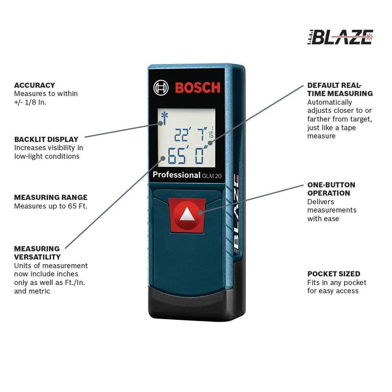 Bosch GLM20 Blaze 65ft Laser Distance Measure With Real Time Measuring