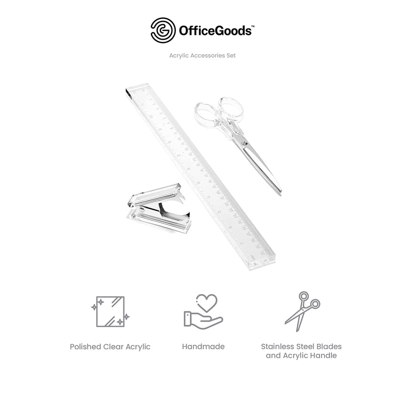 Acrylic Accessories Set - Office Desk Silver Modern Accessories Include Staple Remover, 6.5" Scissors & 12" Ruler for Home or Work