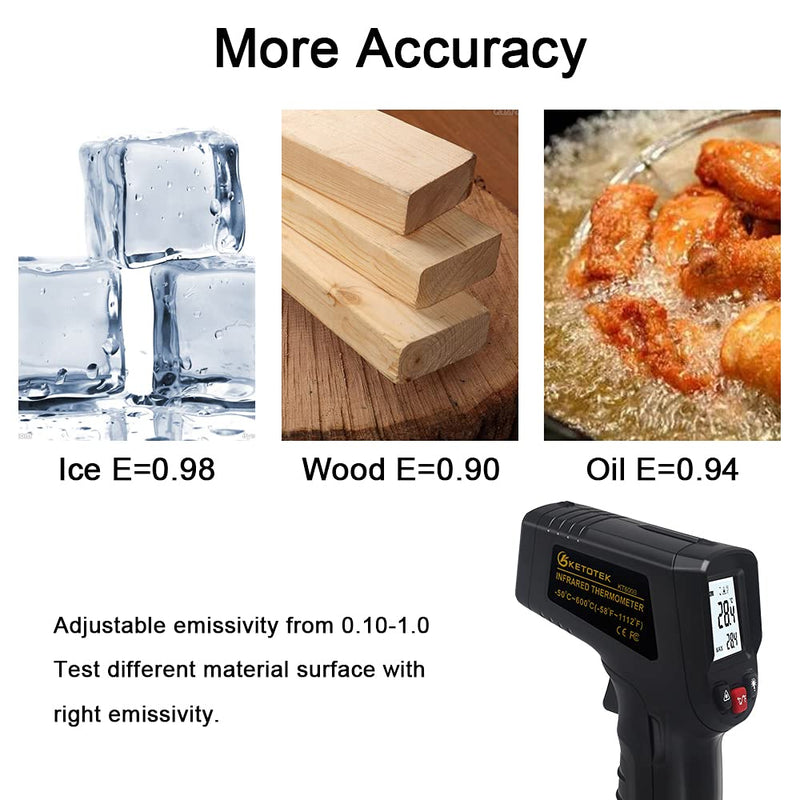 KETOTEK Infrared Thermometer Gun Non Contact Digital Laser Temperature Gun -58℉~1112℉ (-50°C~600°C) Adjustable Emissivity IR Gun for Cooking Food Barbecue Pizza Oven Freezer Fridge Black