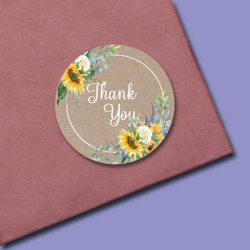 Beautiful Floral Sunflower On Kraft Thank You Customer Appreciation Sticker Labels for Small Businesses, 60 1.5" Circle Stickers by AmandaCreation, Great for Envelopes, Postcards, Direct Mail, More!