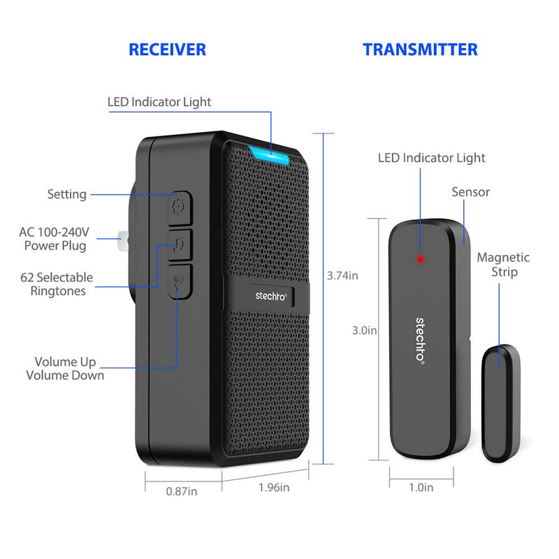 Wireless Door Chime, 600ft Range 2 Magnetic Door Alarm Sensor 1 DoorBell Plugin Receiver set with 62 Tunes 5 adjustable Volumns for Business/Home/Office/Stores,STECHRO (1 Receiver+2 Sensor) 1 Receiver+2 Sensor