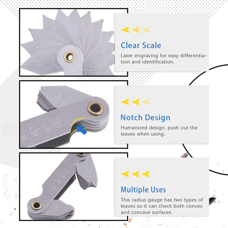 Glarks 4 Pack R0.3-1.5/ R1-6.5/ R7-14.5/ R15-25 Radius Gauge Set, Stainless Steel Radius Fillet Gage Portable Concave Convex Measuring Tool for Tool and Die Makers Check