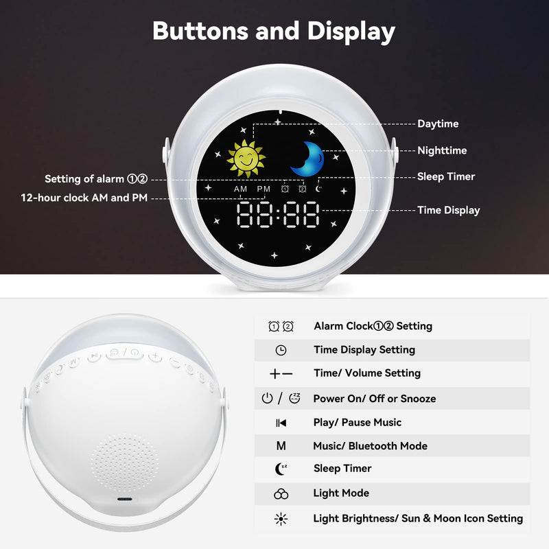 Alarm Clock for Kids, Kids Alarm Clock Sleep Trainer with Wake up Light, Bluetooth Music Player&Digital Clock, Sleep Sound Machine for Kids Bedroom, Ok to Wake Clock for Kids with Sunrise Simulation