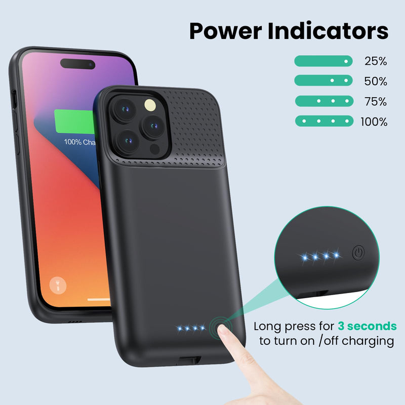 QTshine Battery Case for iPhone 14 Pro Max,14 Plus and 13 pro Max, Real 8600mAh Rechargeable Smart Extended Charging Case, Ultra-Slim Portable Protective Battery Pack (6.7 inch) Black