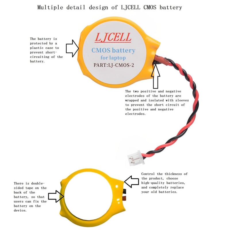 LJCELL CMOS Battery for Intel NUC Laptop PS2 PS3 Backup BIOS RTC CR2032 Battery with 2 Wire Cable and Connector CMOS-CR2032-2 1 Count (Pack of 1)