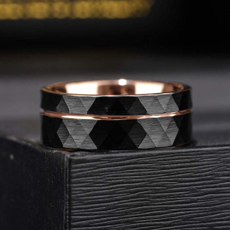 THREE KEYS JEWELRY Mens Womens Black Tungsten Rings 4mm 6mm 8mm Hammered Facet Silver Brushed with Rose Gold Stripe Wedding Bands 8mm Black & Rose Gold 8.5