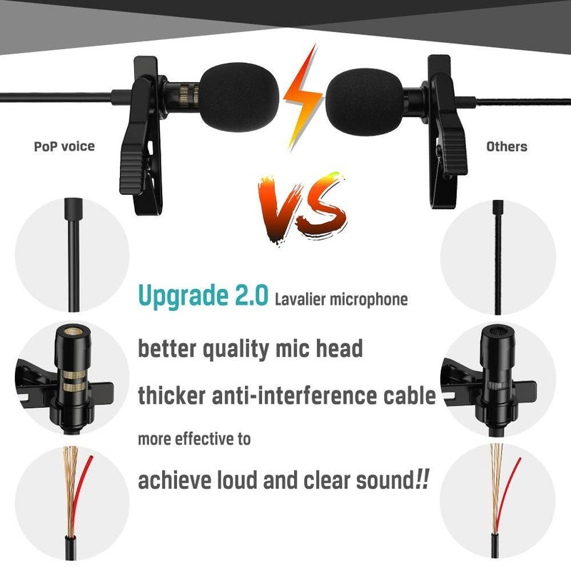 PoP voice Professional Lavalier Lapel Microphone Omnidirectional Condenser Mic for iPhone Android Smartphone,Recording Mic for Youtube,Interview,Video