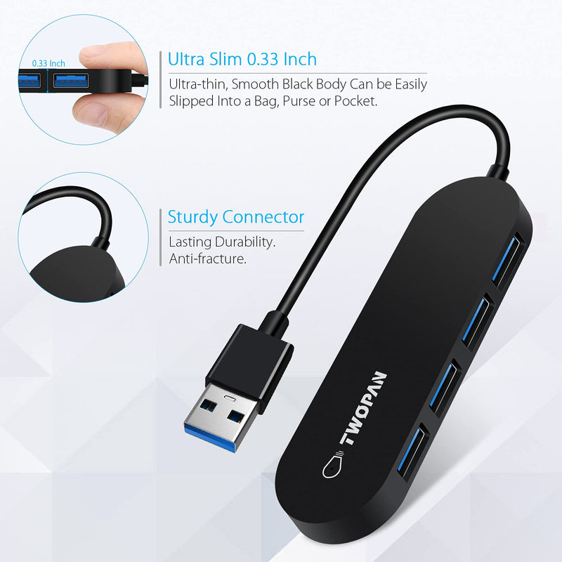 TWOPAN USB Sliptter HUB 3.0 Adapter 4-Port USB A Adapter High Speed Ports Ultra Slim Mini USB Hub with an Extra USB C Adapter for Desktop, Computer Laptop/ T2-A Black A