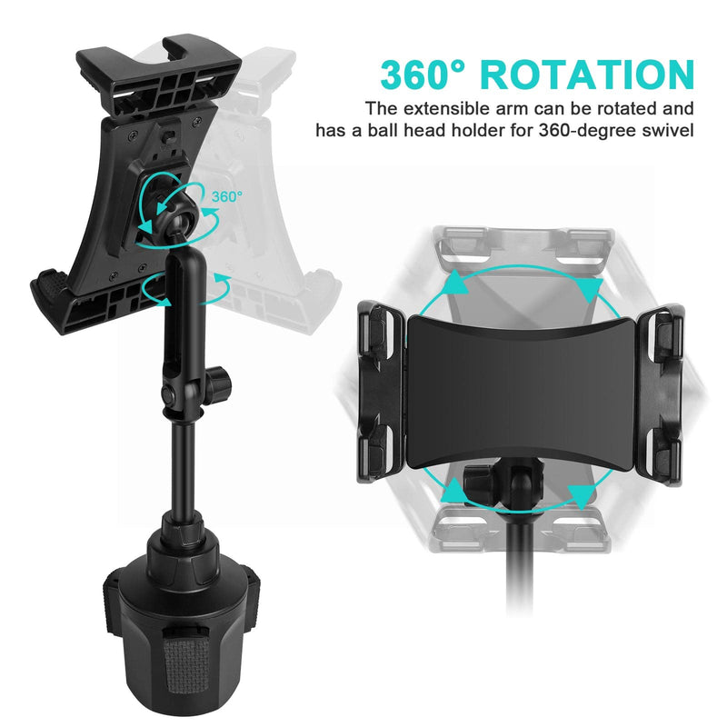 Car Cup Holder Tablet Mount & Phone Cradle Stand Truck for iPad Pro 9.7, 11, 12.9 Air Mini 5 4 3 2, Samsung Galaxy Tabs, iPhone 13 12 Pro, 4.7"-12.9" Smartphone Tab, Adjustable Long Arm, 360Âº Rotating