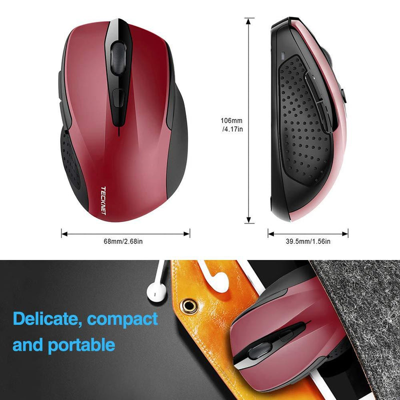 TECKNET Pro 2.4G Ergonomic Wireless Optical Mouse with USB Nano Receiver for Laptop,PC,Computer,Chromebook,Notebook,6 Buttons,24 Months Battery Life, 2600 DPI, 5 Adjustment Levels Red